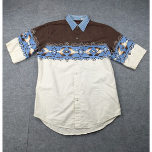 Plains Western Wear Pearl Snap Shirt Mens Large Vintage Aztec Rodeo Cowboy Denim